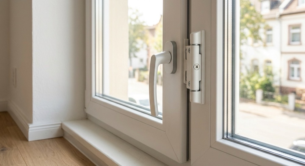 Detail eines hellen Fensters mit hochwertigem Rahmen und Beschlag