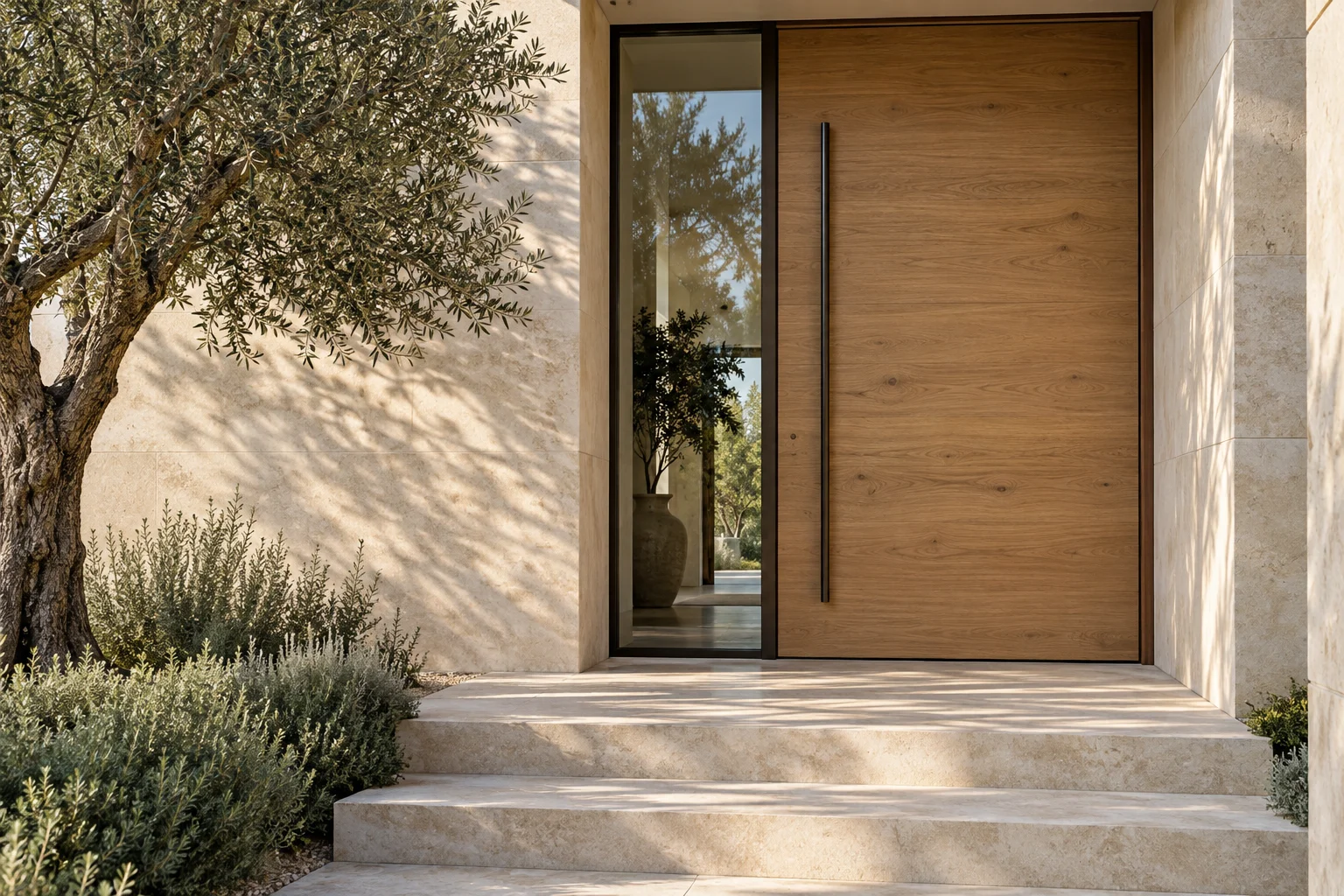 Moderne Haustür aus natürlichem Eichenholz mit schmalem Glasseitenteil